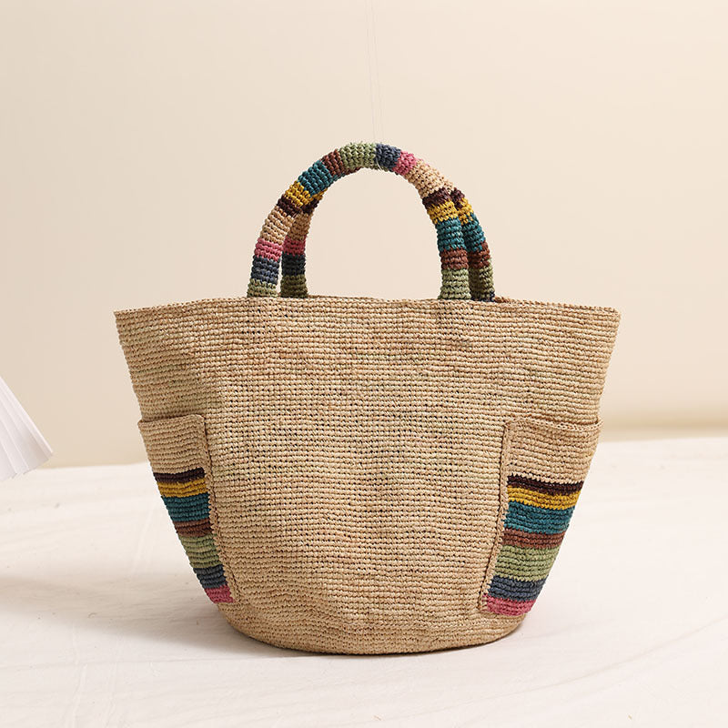 High Grade Raffia Portable Straw Weaved Bag Color Outer Pocket Straw Bag Woven Bag Women Seaside Vacation Beach Bag