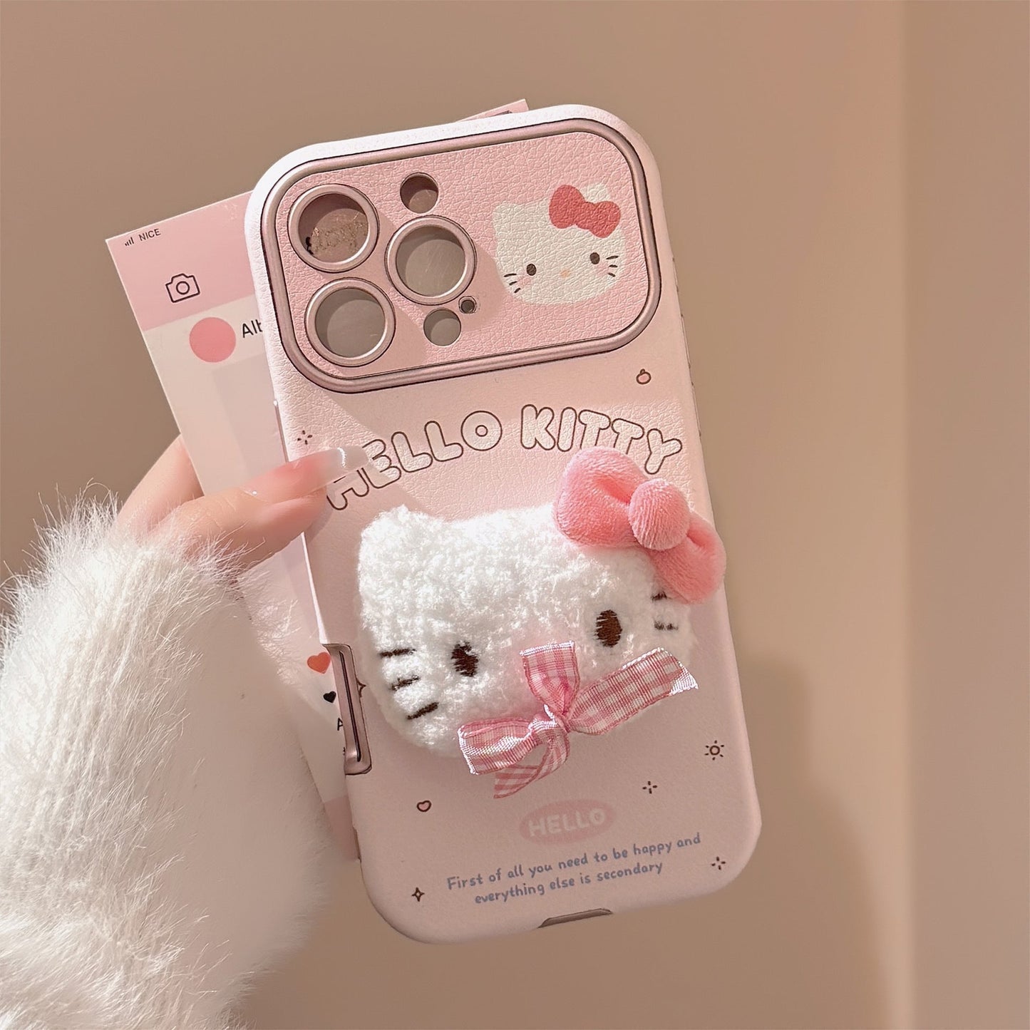 Bonita funda de cuero para iPhone 16promax de gato con lazo rosa, con pulsera de Apple 15 tridimensional, 14, 17