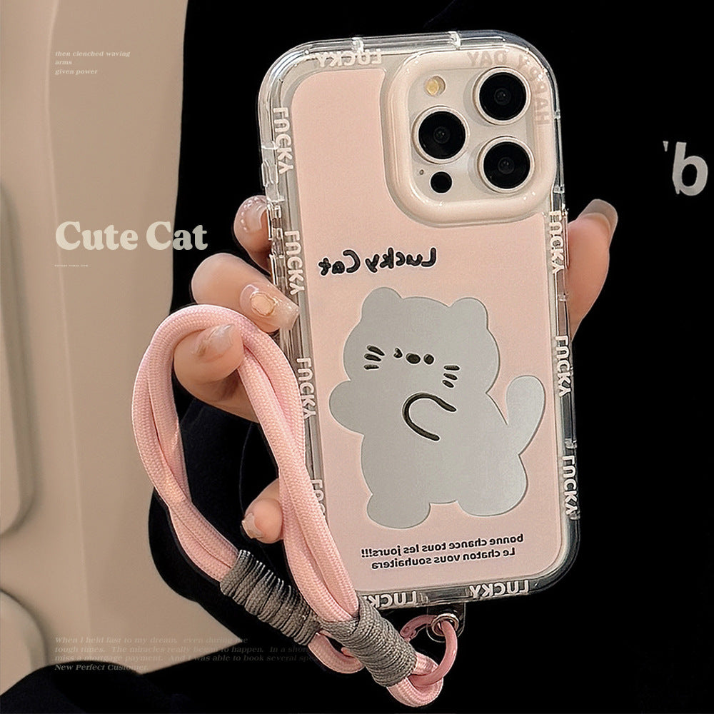 El estuche para iPhone 17 Pro Max de dibujos animados 12/13 generación con cuerda de mano es adecuado para el teléfono móvil Apple 16 con un lindo espejo de gato rosa