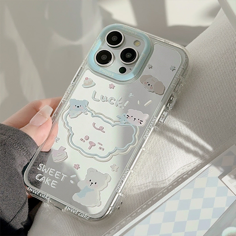 La funda de teléfono Apple 15, iPhone 17, de dibujos animados de 12ª generación con cuerda de mano, modelo de verano espejo cachorro, es adecuada para el 16ProMax.
