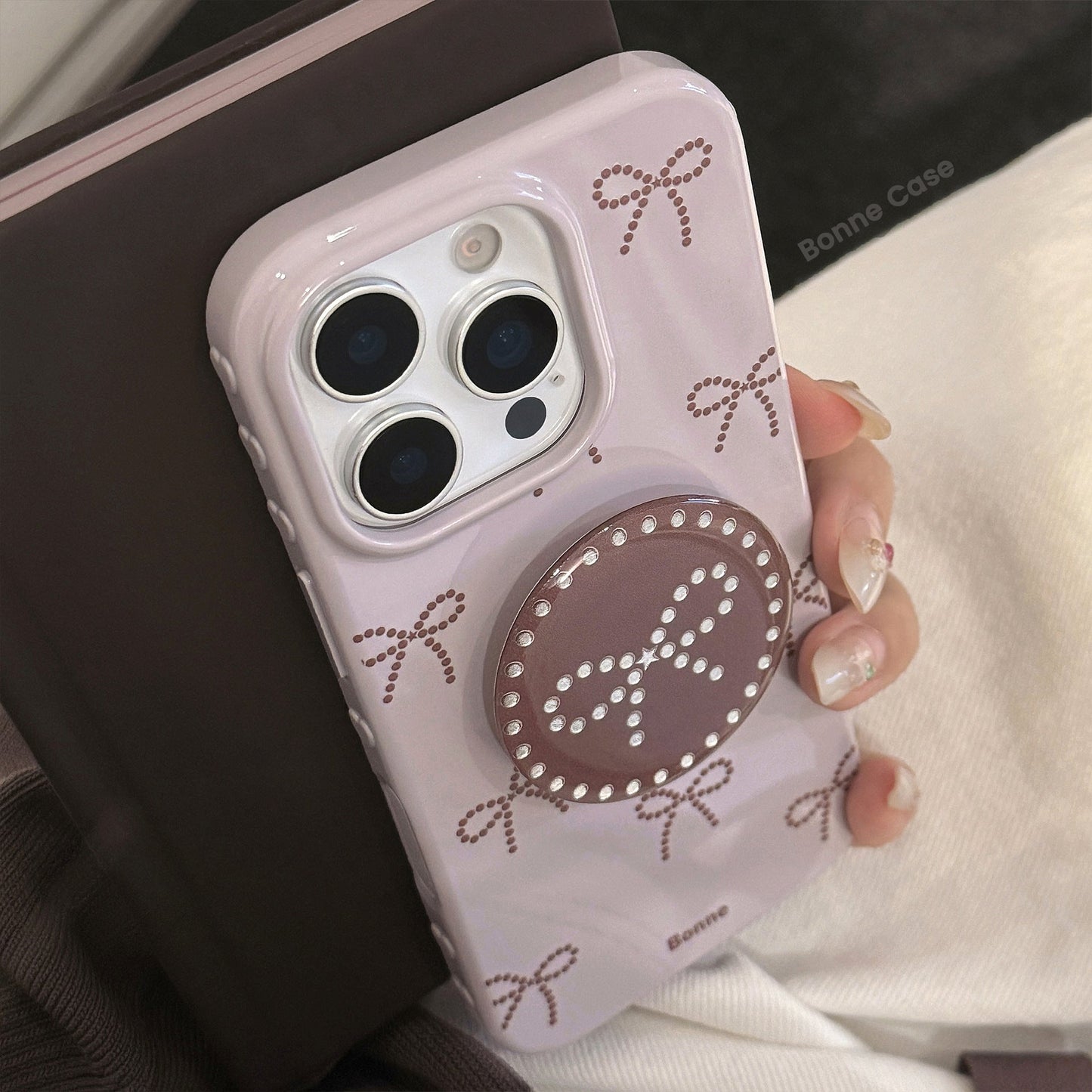 Funda de móvil ins viento lazo gris morado manzana 17pro max iphone15 adecuada para 14 soporte dorado 16 blando