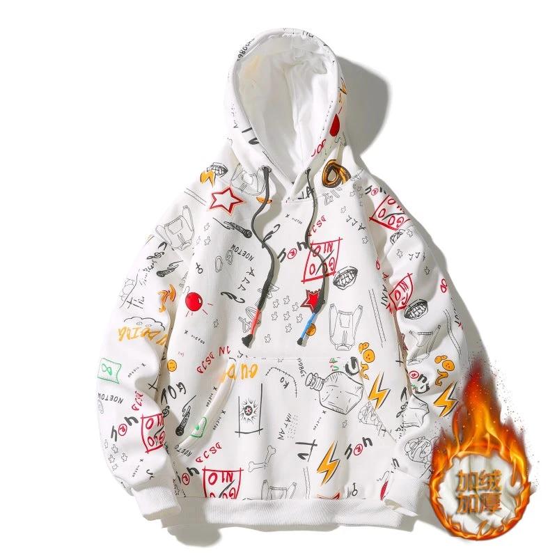 Men's Fleece-lined Graffiti Hooded Sweater
