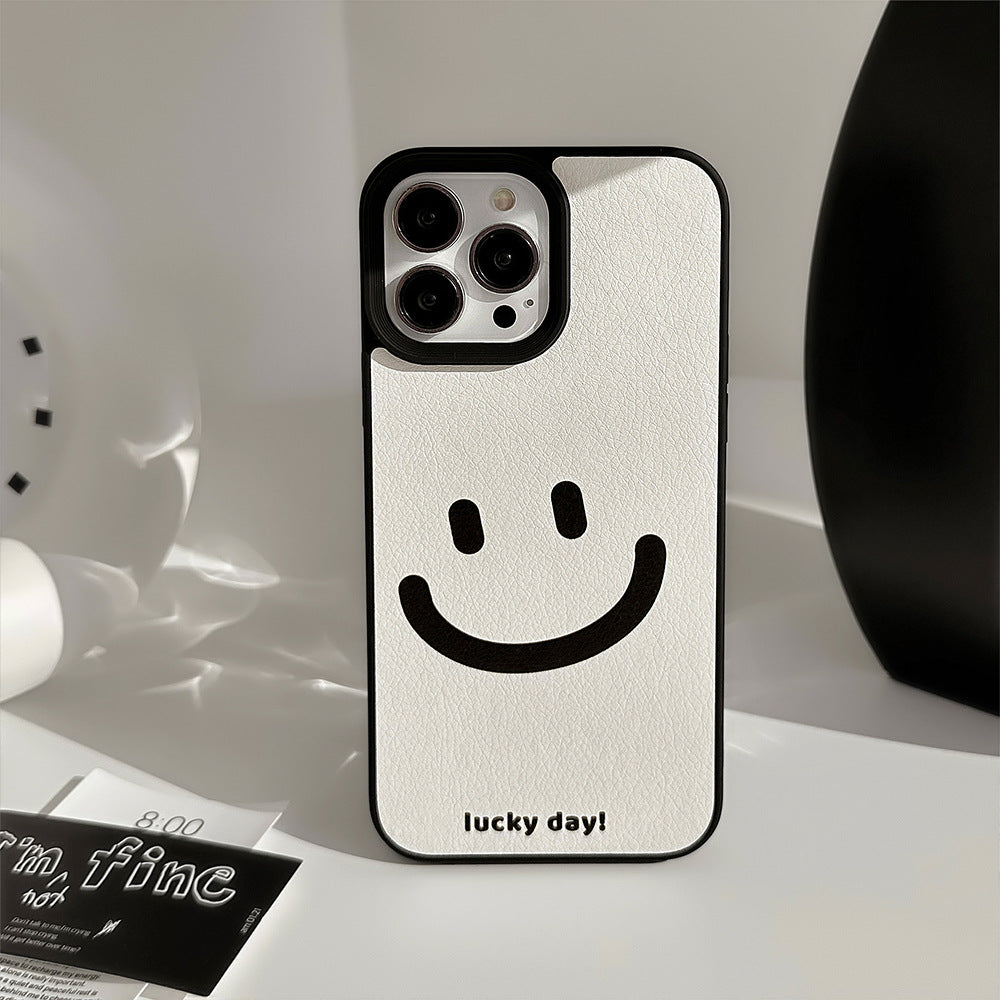 Funda de teléfono Apple con cara sonriente de cura mínima 17promax patrón de cuero 11 adecuada para iPhone16 sentido avanzado 15 anti-caída