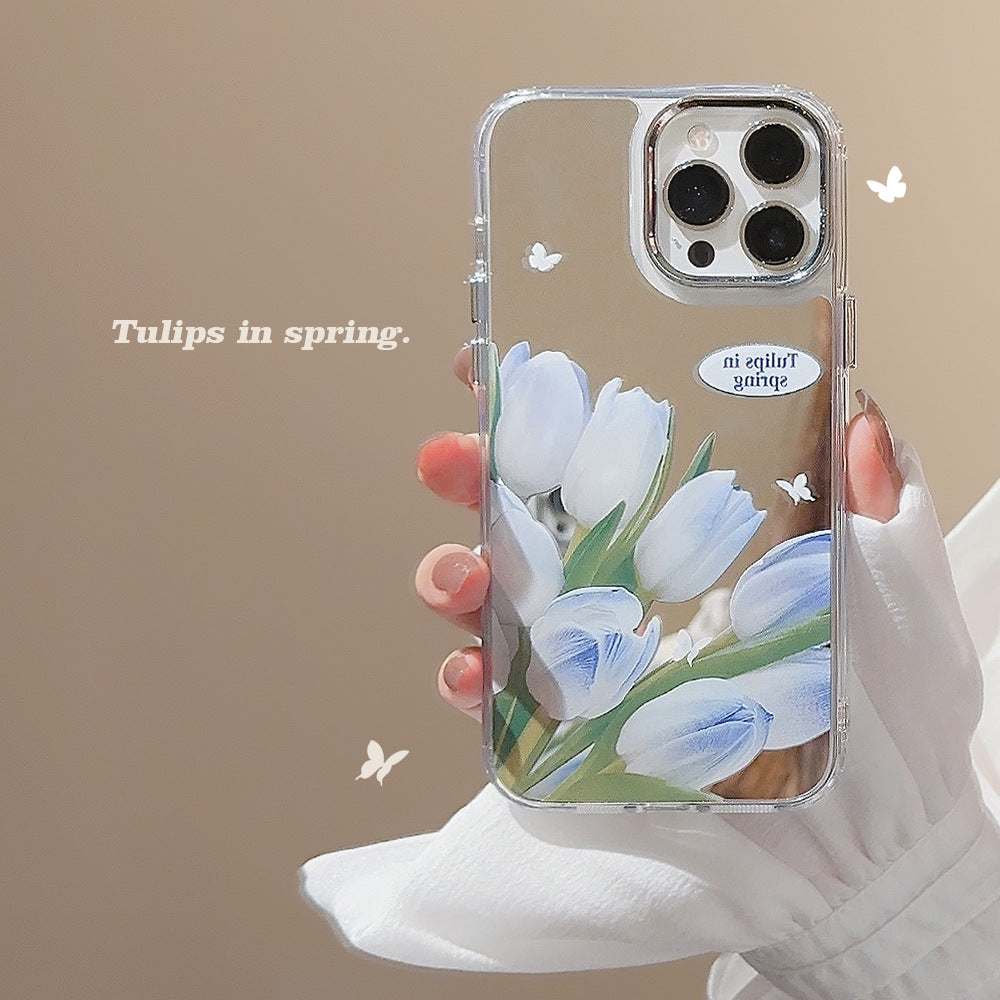 Funda de teléfono móvil tulipán azul suave iphone16 para 17promax apple 15 con espejo de maquillaje de flores 11 rígido