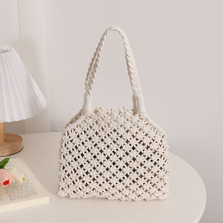Hollow Out Cutout Cotton Thread Woven Bag Summer Cotton String Women Bag Portable Solid Color Straw Bag Vacation Beach Bag