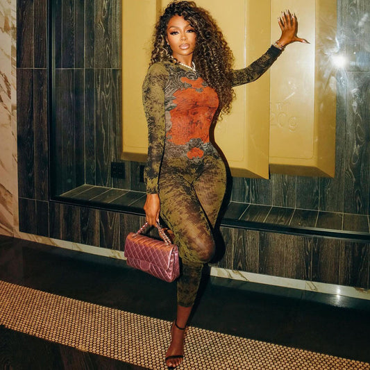 Summer Women Clothing Printed Sexy Mesh High Waist Slim Fit Zipper Long Sleeve Jumpsuit