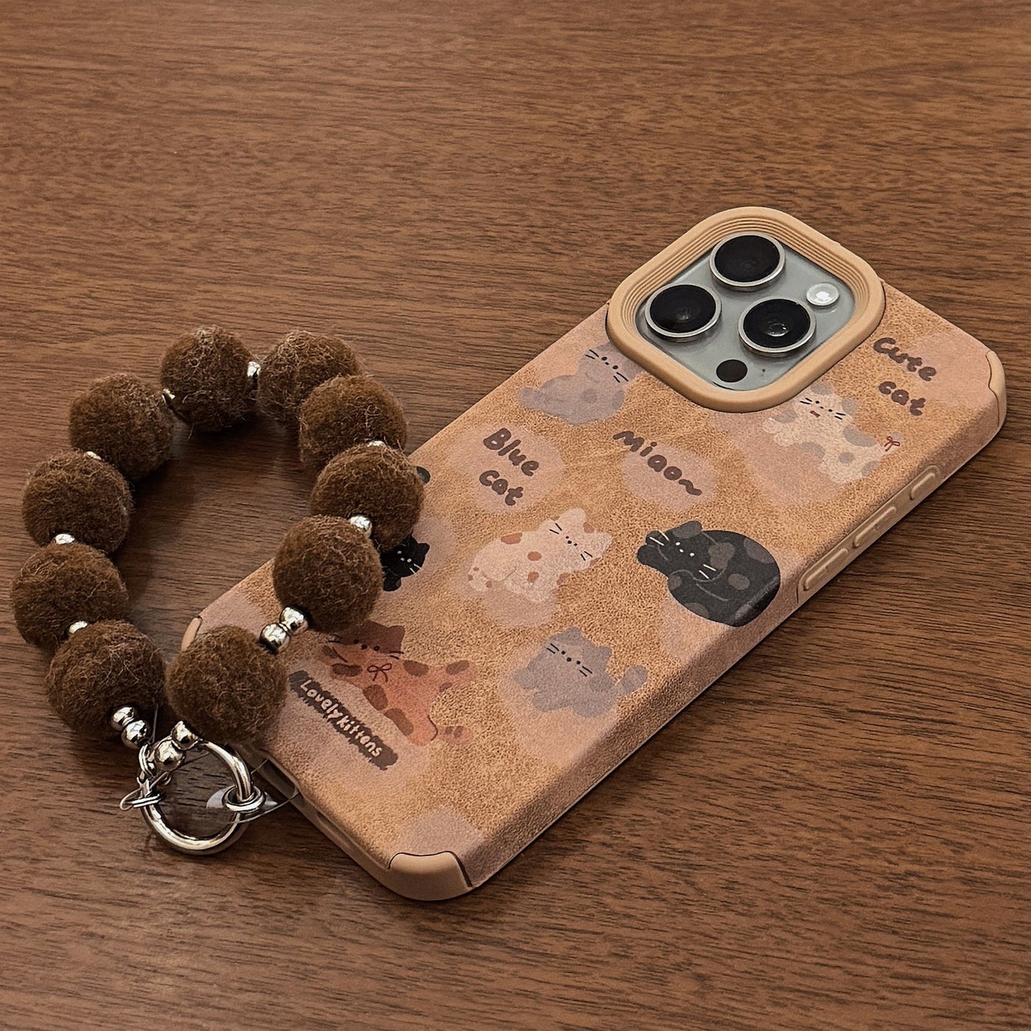 Funda de piel para iPhone 16promax de dibujos animados, funda para iPhone 15 de pantalla completa de gato, cuerda de felpa 14, 17 otoño e invierno