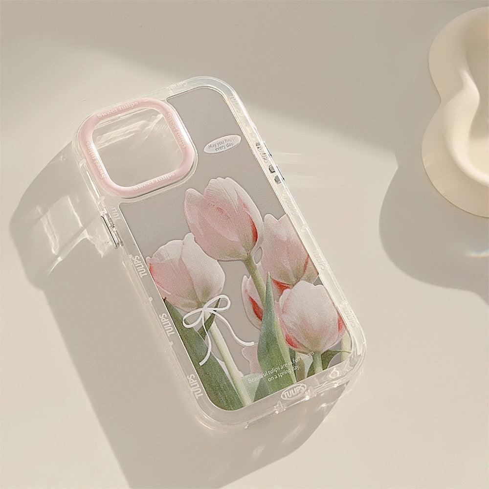 Espejo adecuado para funda de móvil Apple 15 16ProMax iPhone17 tulipán rosa y blanco 12 pequeño fresco 11 anticaída
