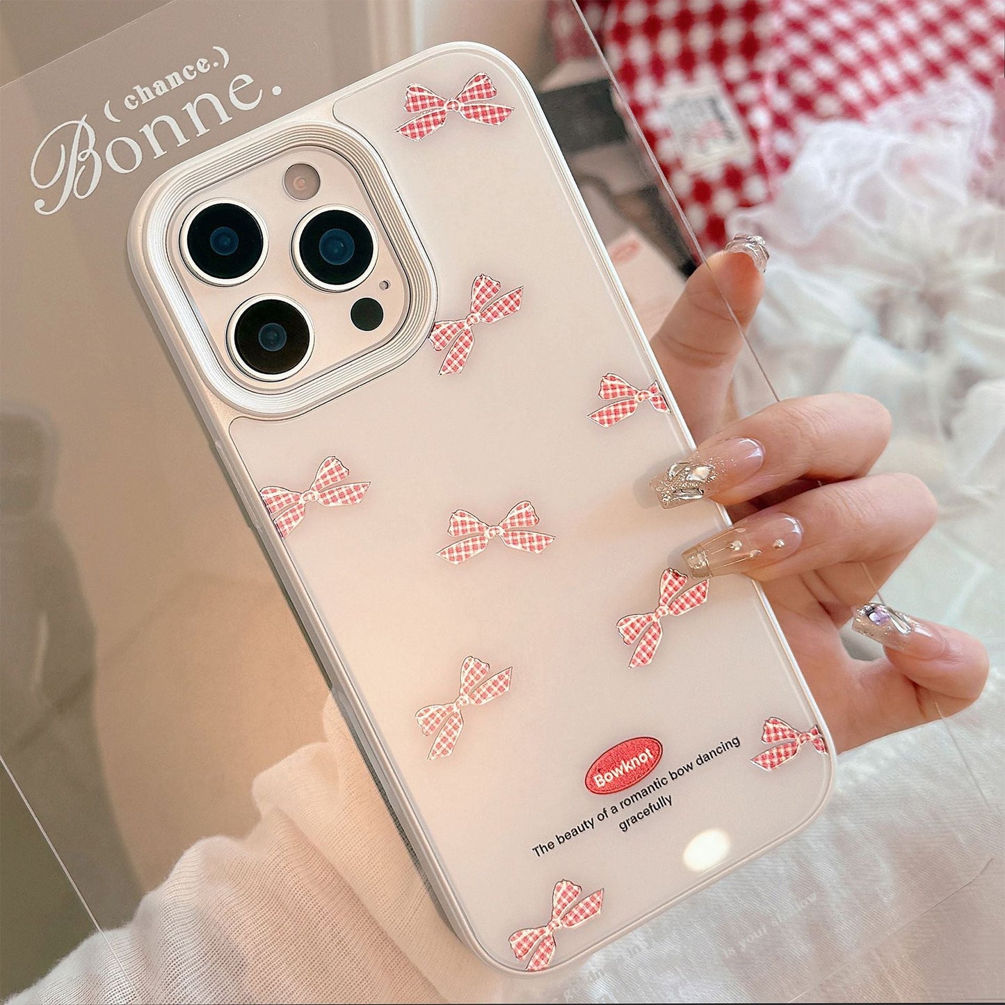 Funda de teléfono para iPhone 17 con lazo a cuadros rojos dorados Apple 14 para cristal duro 16promax 13 dulce