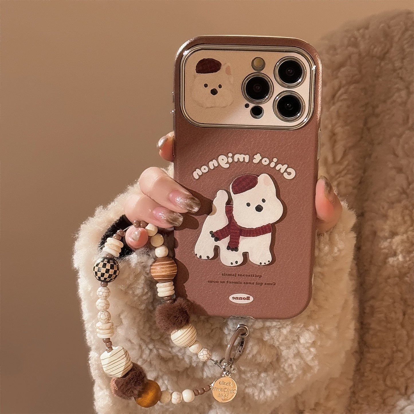 Funda de teléfono móvil tridimensional marrón West Highland adecuada para Apple 15promax iphone16 de cuero de dibujos animados con cordón 17 14