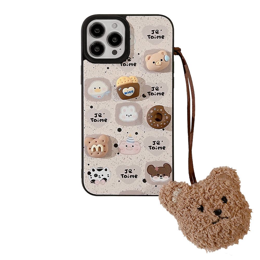 Funda de móvil linda de oso Apple 16, patrón de cuero 17promax 15, adecuada para iPhone 13, galletas tridimensionales 11 otoño