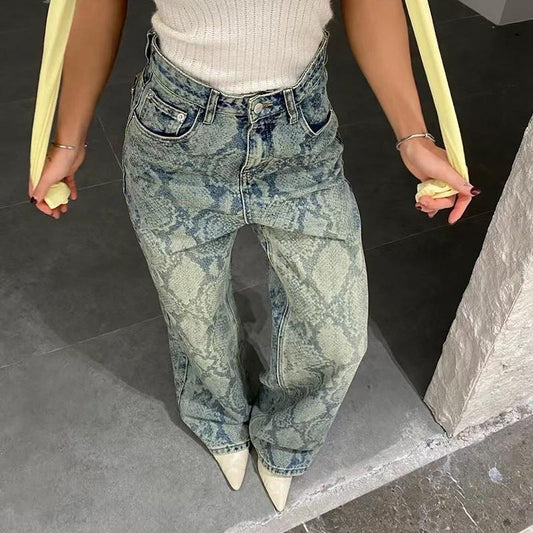 Vaqueros de pierna recta con estampado de serpiente y estilo americano para mujer