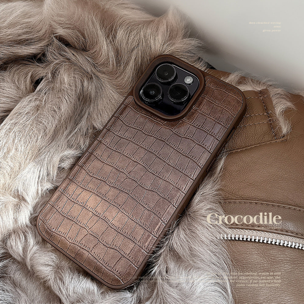 Estuche para teléfono móvil iPhone13/11 con patrón de cocodrilo retro marrón, 15/16/17promax, estilo premium, personalidad.