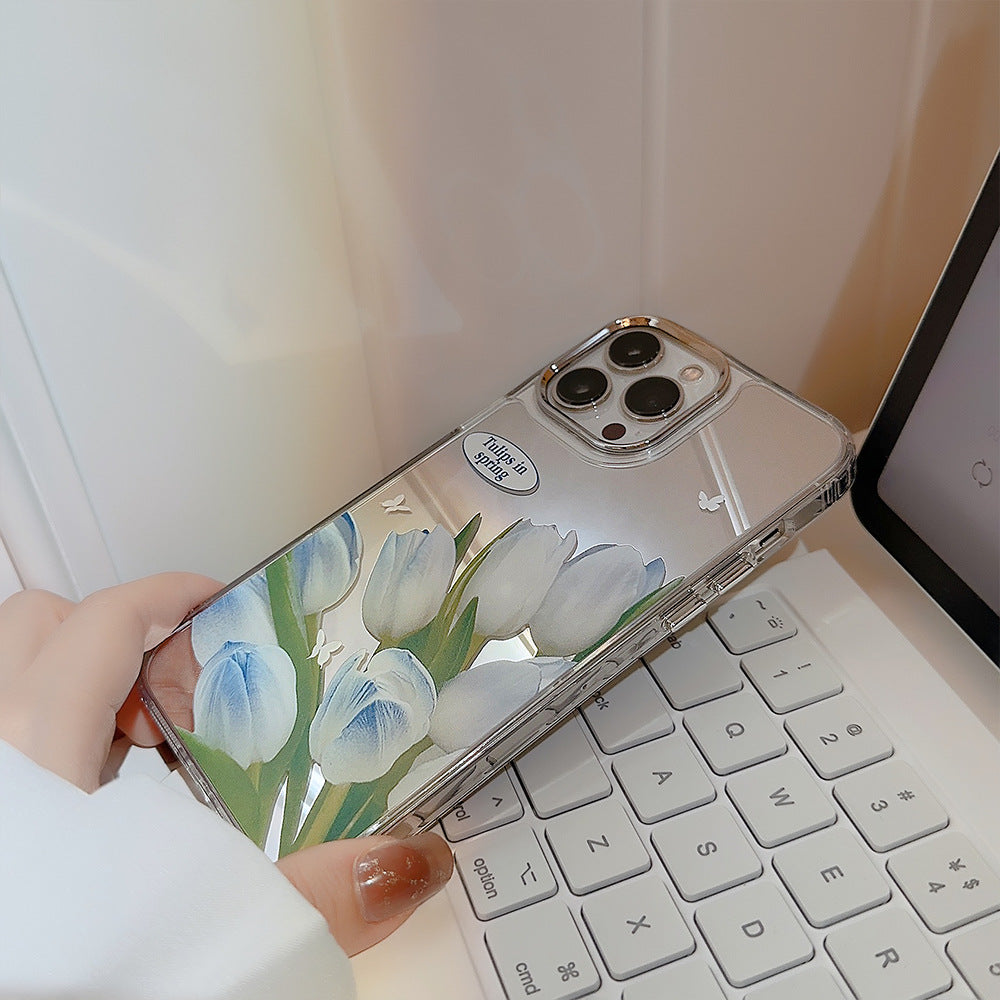 Funda de teléfono móvil tulipán azul suave iphone16 para 17promax apple 15 con espejo de maquillaje de flores 11 rígido