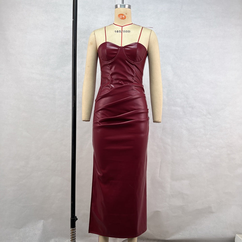 Women Clothing Elegant Faux Leather Sexy Tube Top Strap Fold Split Dress