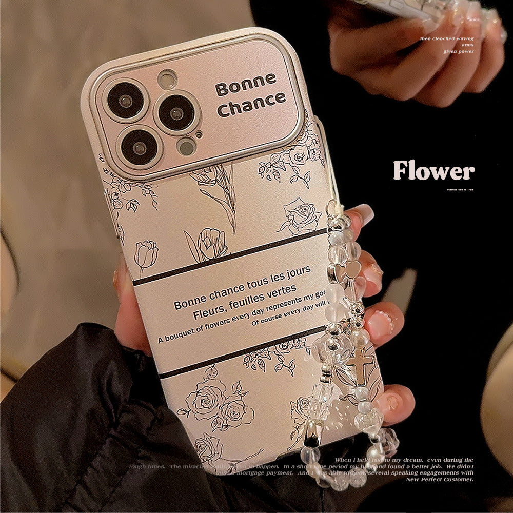 Funda de cuero con diseño de flor de rosa para iPhone 16 Apple 15, funda para móvil 13promax, estilo 17, con cordón de cristal 12