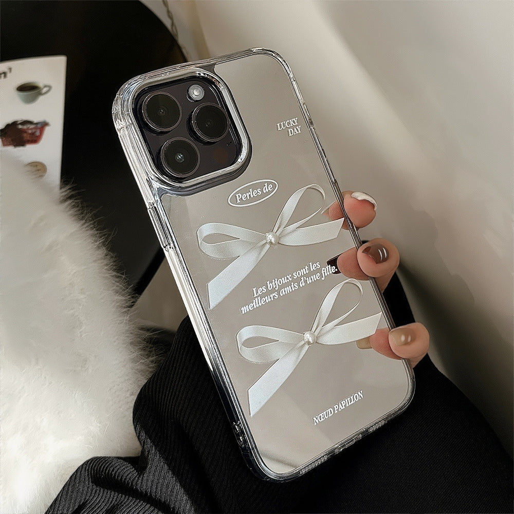 Superficie de espejo adecuada para funda de teléfono Apple 16Pro Max con lazo de perlas tridimensional para iPhone 15 con temperamento, antidaño 13, antidaño 17