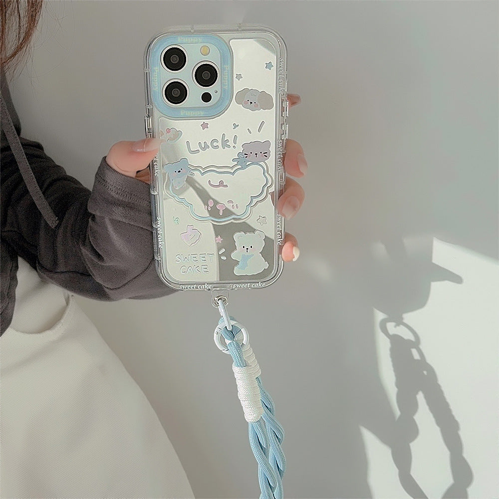 La funda de teléfono Apple 15, iPhone 17, de dibujos animados de 12ª generación con cuerda de mano, modelo de verano espejo cachorro, es adecuada para el 16ProMax.