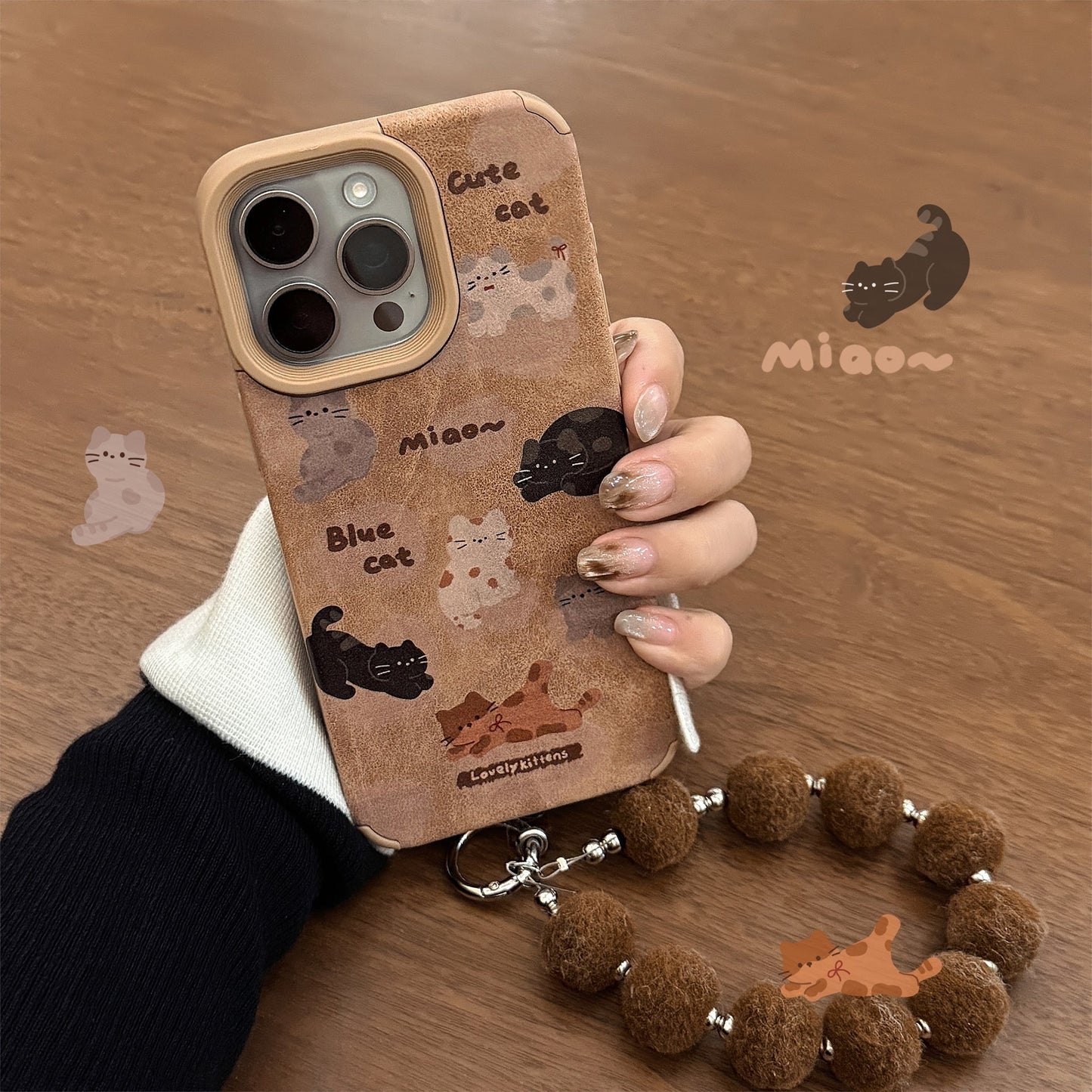 Funda de piel para iPhone 16promax de dibujos animados, funda para iPhone 15 de pantalla completa de gato, cuerda de felpa 14, 17 otoño e invierno