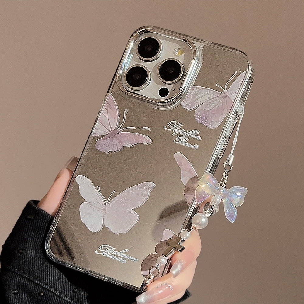 Colgante espejo mariposa súper hada, adecuado para funda de teléfono móvil Apple 15pro max temperamento iphone16 anticaída 13 dura 17