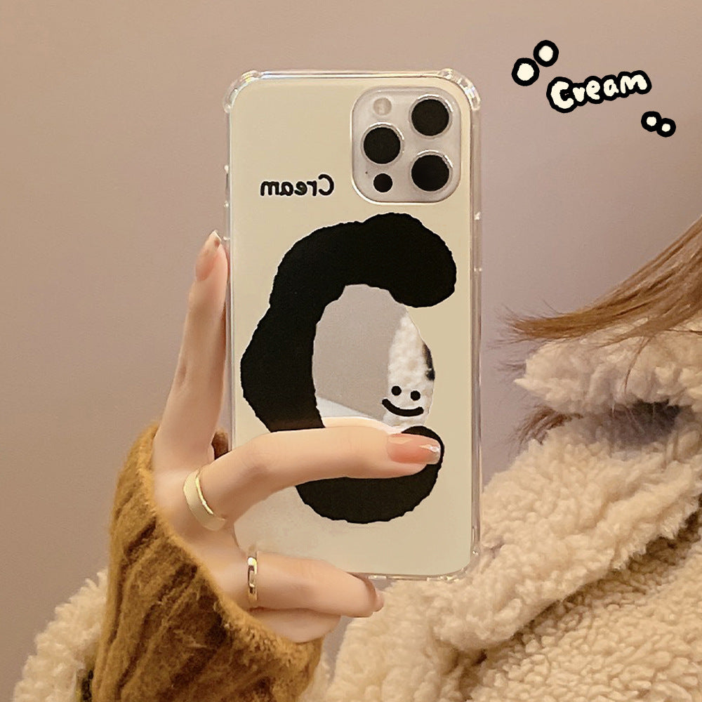 ins cream smiley face applies to 17pro max apple iphone15 mobile phone case 11 makeup mirror 16 anti-drop 14 hard