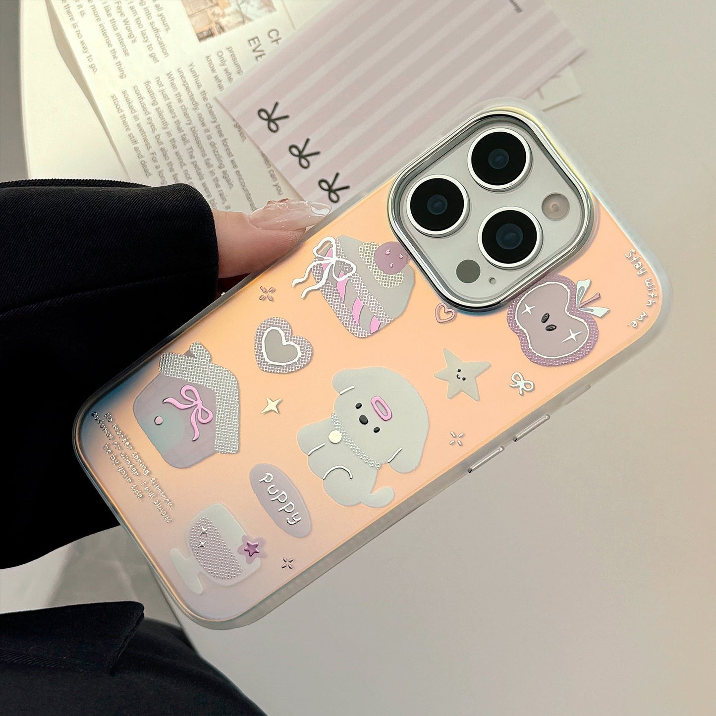 Gilt cartoon dessert puppy for iphone15 mobile phone case 16Promax electroplating laser 13 hard 17 creative