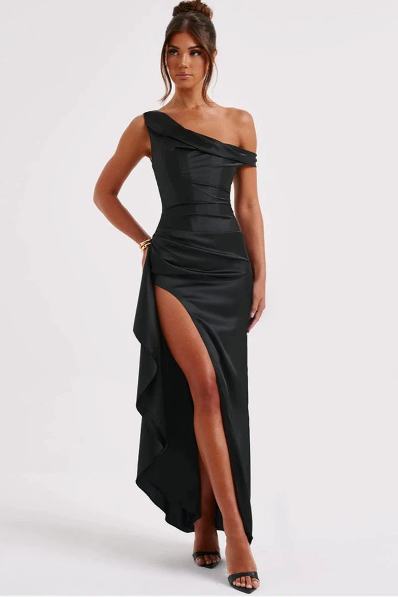 Women's Slant Shoulder Satin Waist sinching Long  Dress