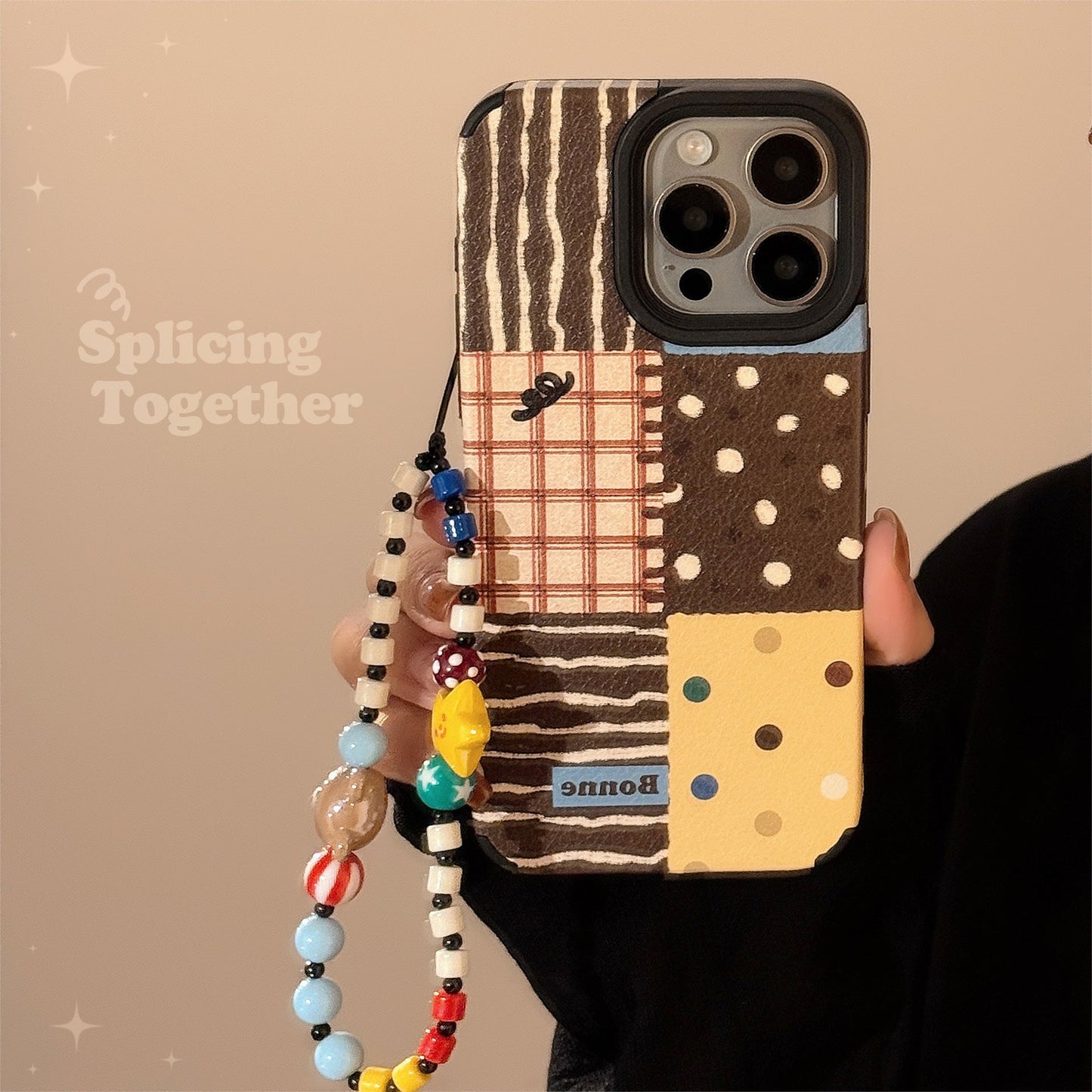 Funda de piel para iPhone 16 Apple 17 con empalme de lunares retro 15Pro Max 14 con cordón 13