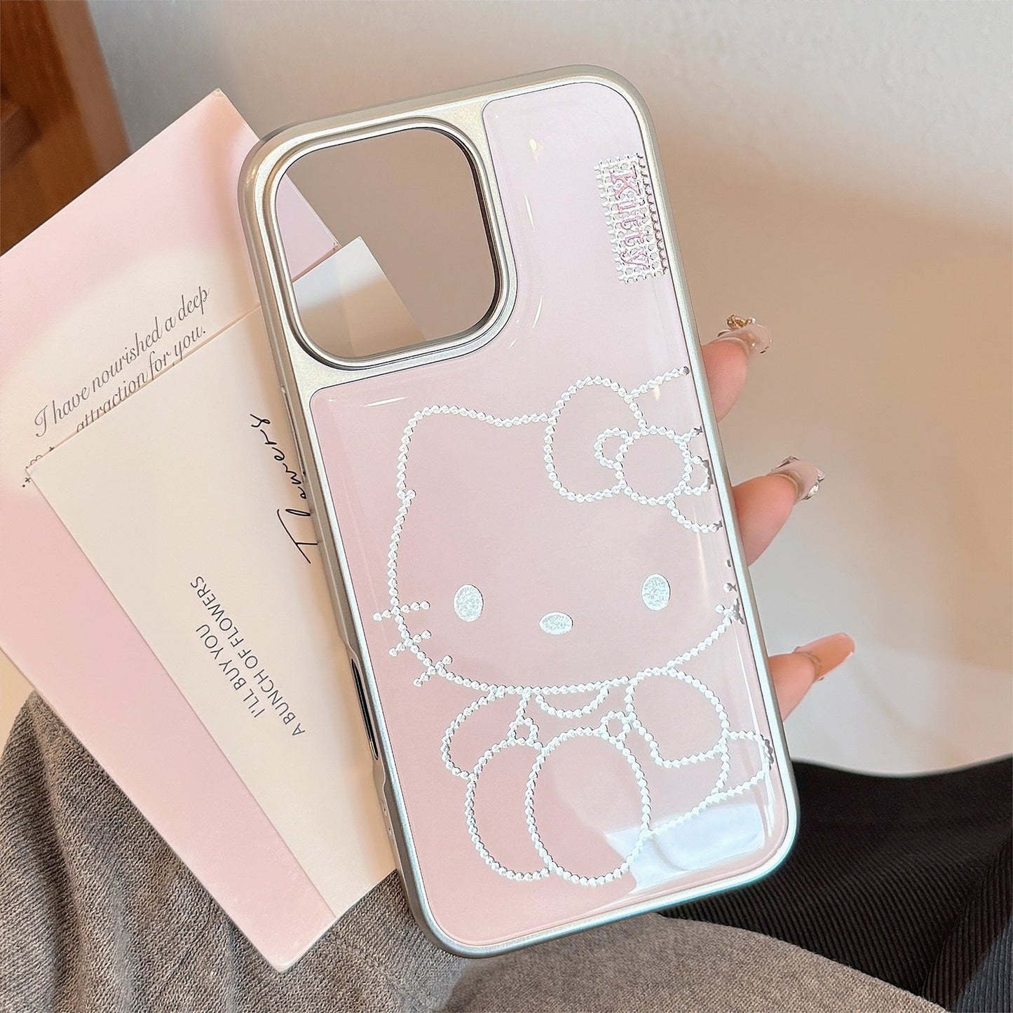 Funda de teléfono móvil dorada para iPhone 16, 15 Pro Max, gato de dibujos animados rosa, para Apple 14, 13, epoxy 17, para Huawei