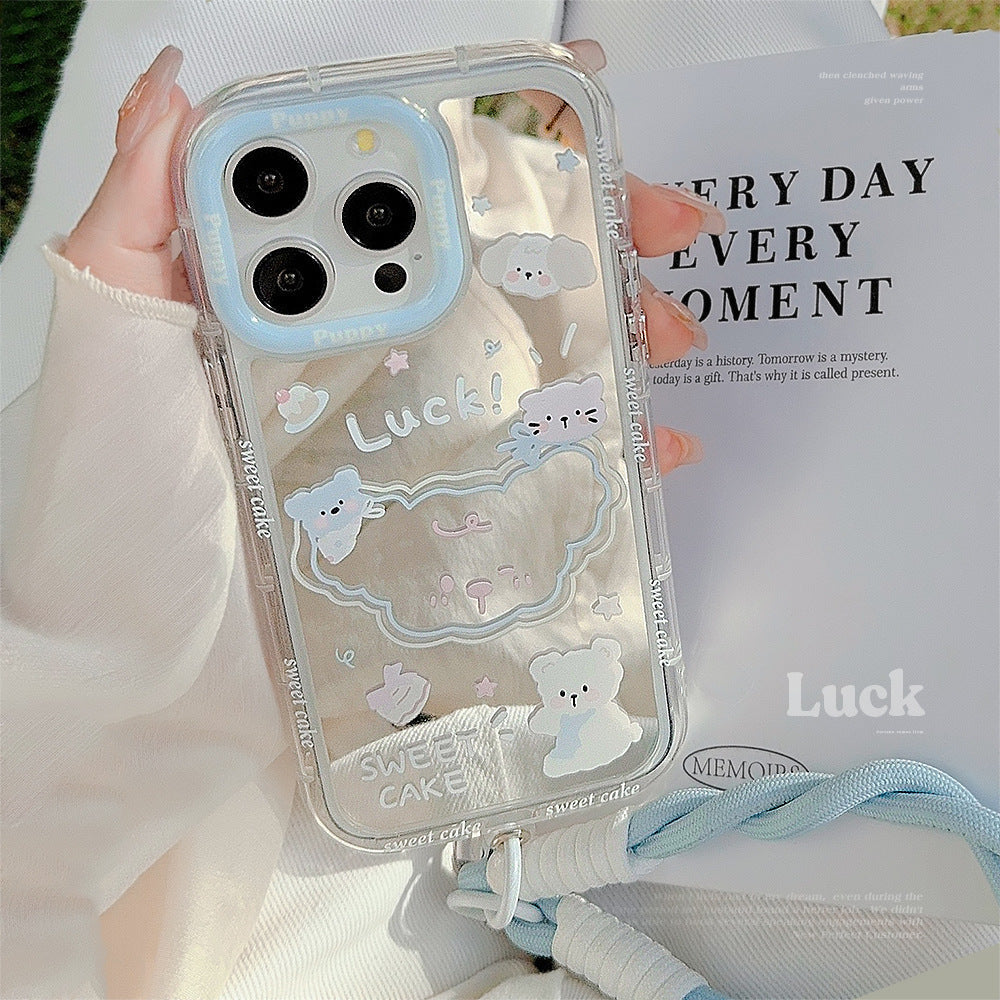 La funda de teléfono Apple 15, iPhone 17, de dibujos animados de 12ª generación con cuerda de mano, modelo de verano espejo cachorro, es adecuada para el 16ProMax.