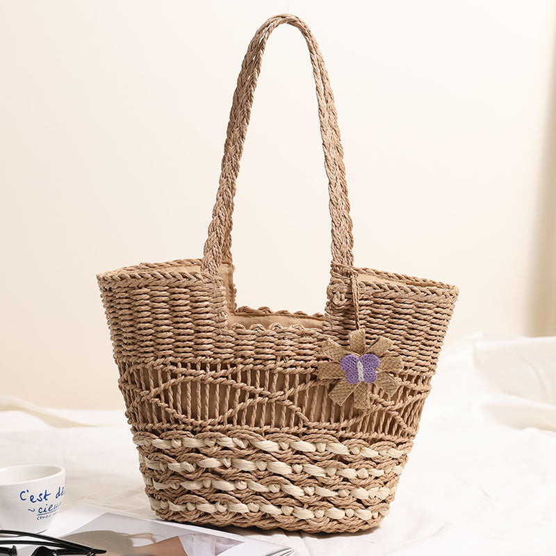 One Shoulder Hollow Out Cutout out Straw Bag Floral Contrast Color Woven Bag Vacation Beach Bag Women Bag