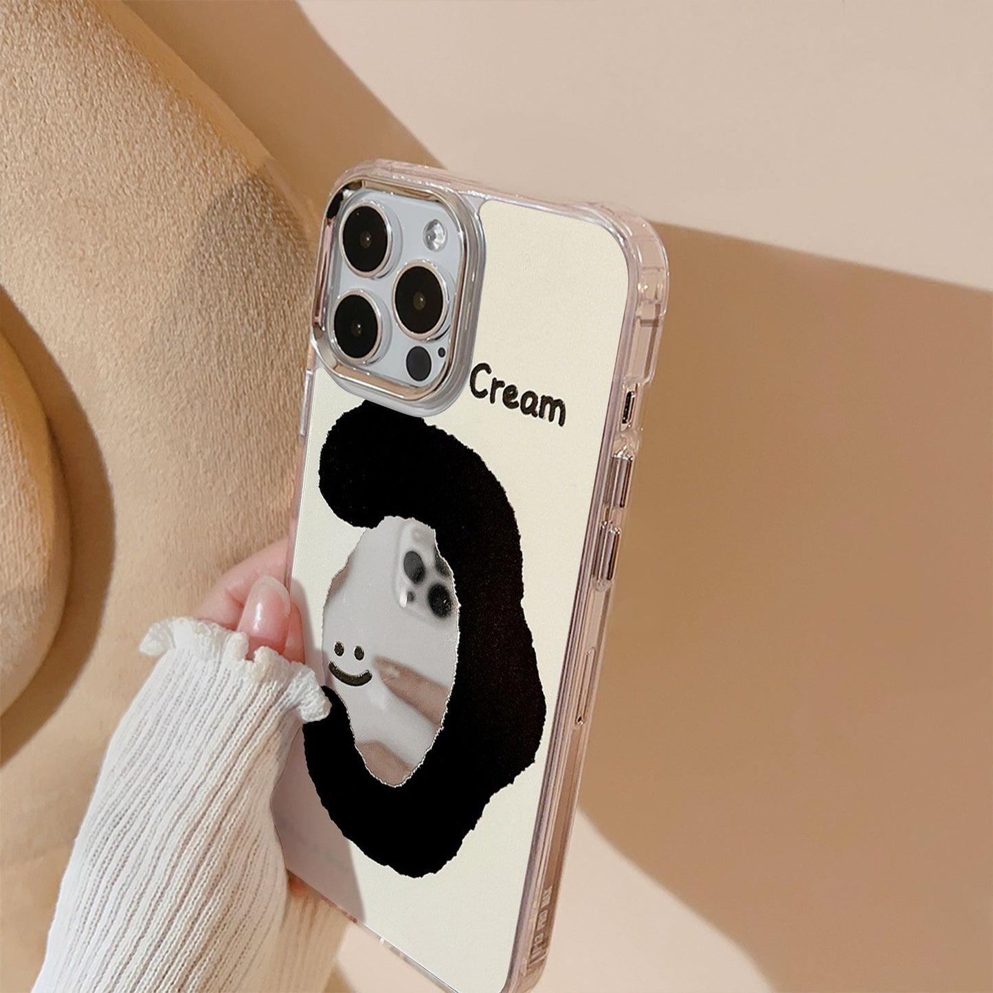 ins cream smiley face applies to 17pro max apple iphone15 mobile phone case 11 makeup mirror 16 anti-drop 14 hard