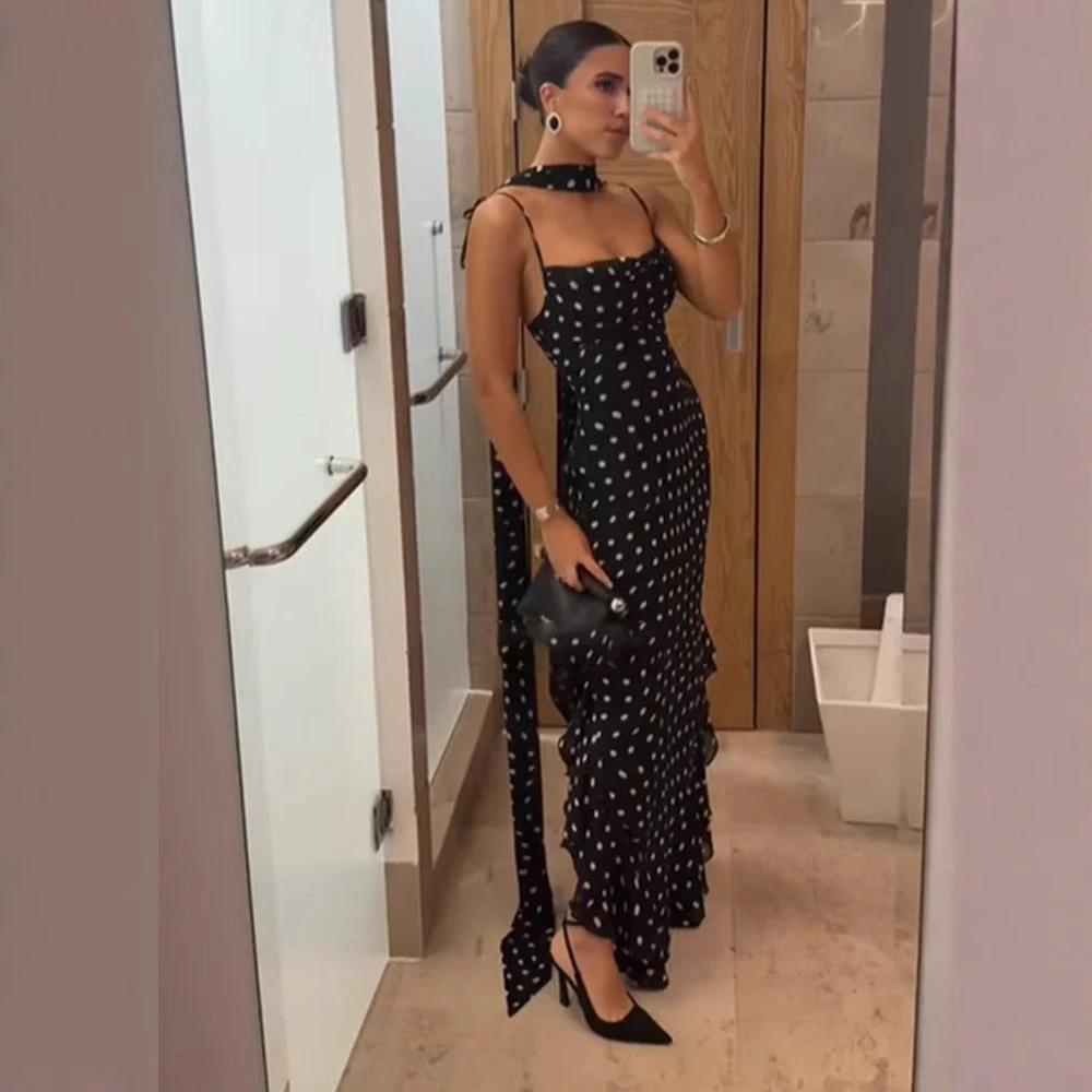 Sleeveless Polka Dot Scarf  Ruffled Spaghetti Straps Dress set