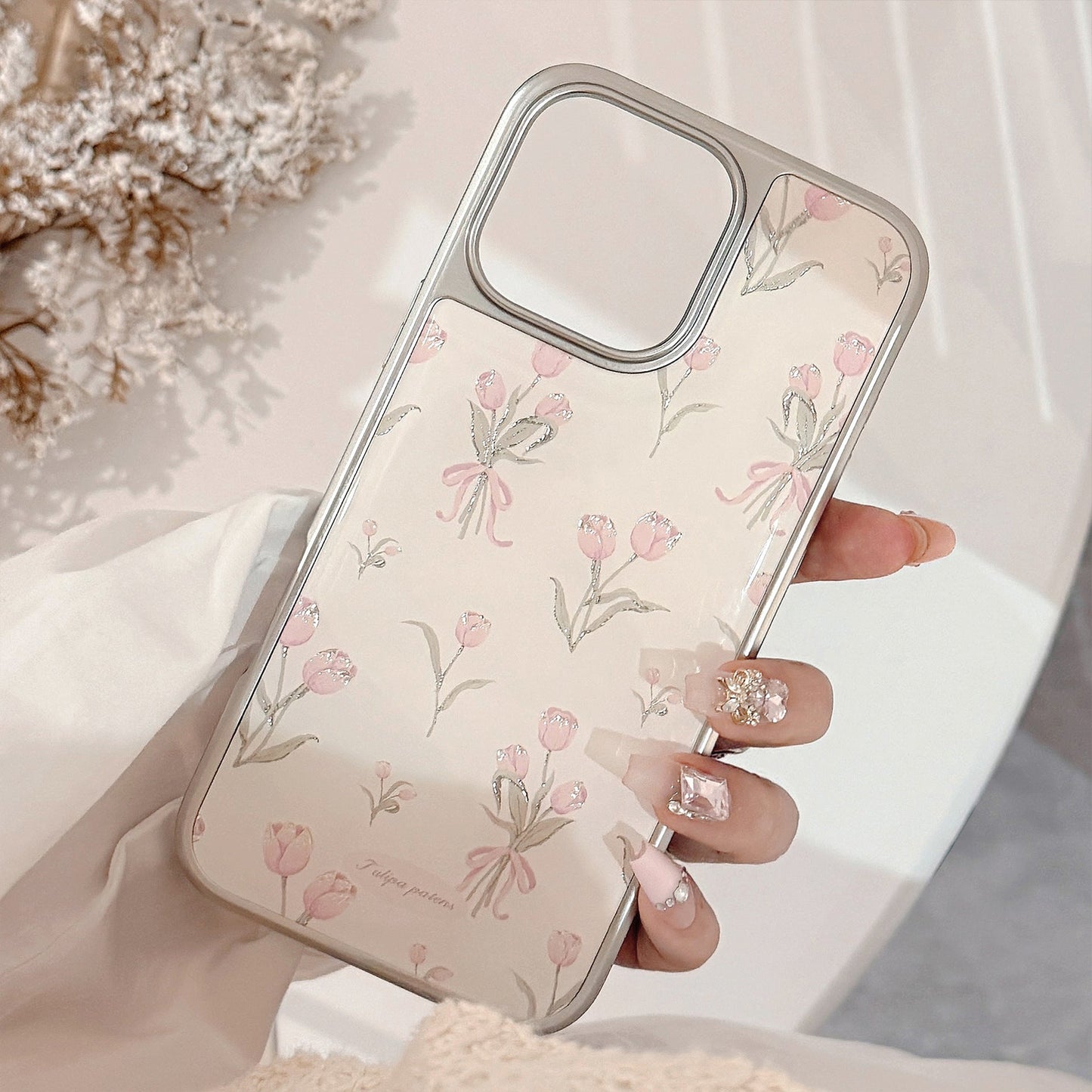 Funda para teléfono móvil Gilt Epoxy Apple 16promax iphone17 tulipán rosa 15 galvanizado 14 compatible con Huawei p70