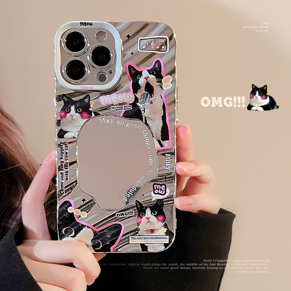Divertida funda de móvil con gatito negro para iPhone 15, Apple 13, plateada galvanizada, espejo 17promax, carcasa rígida 16, 11