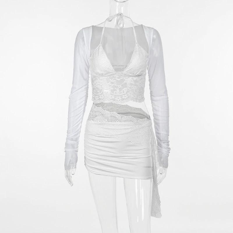 V-neck Lace Mesh Long Sleeve Cover and Cami Skirt Set