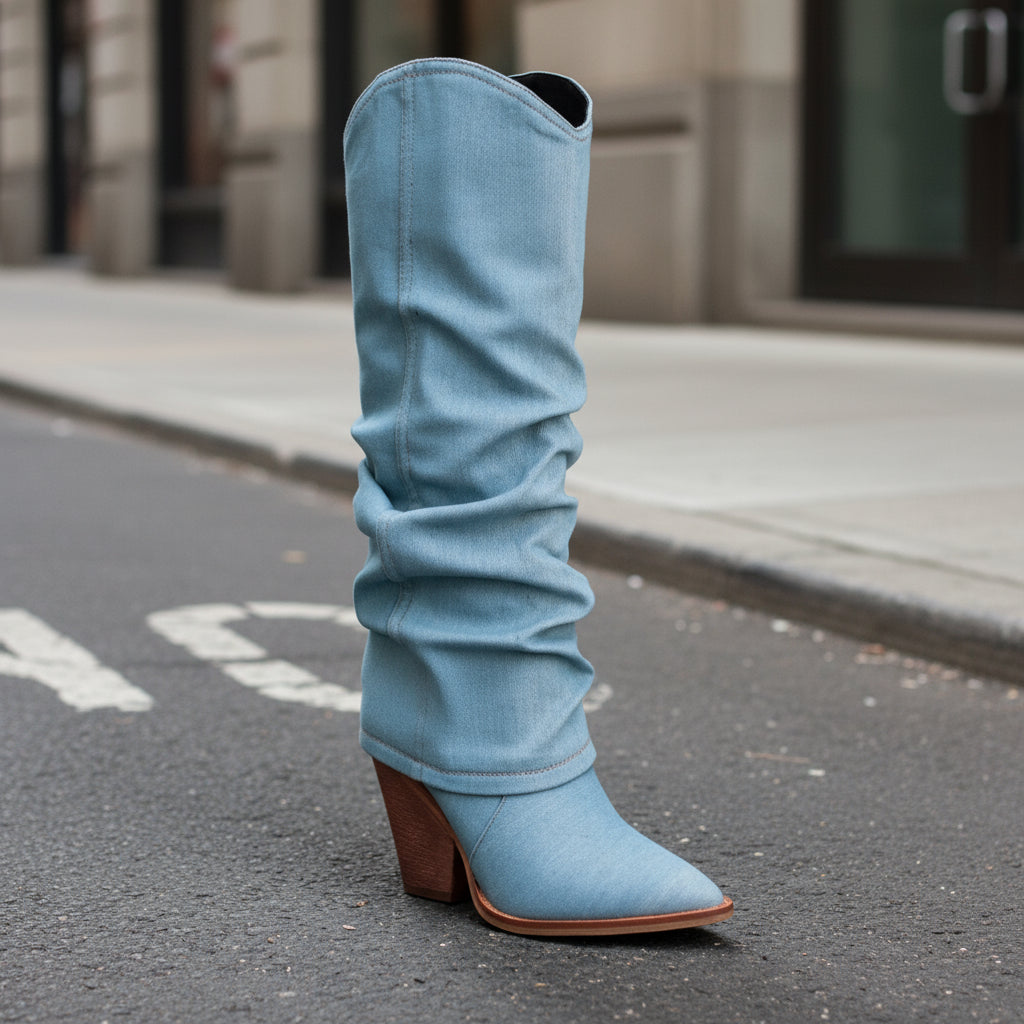 Botas altas de tubo con tacón grueso y punta fina estilo vintage — Tacones llamativos