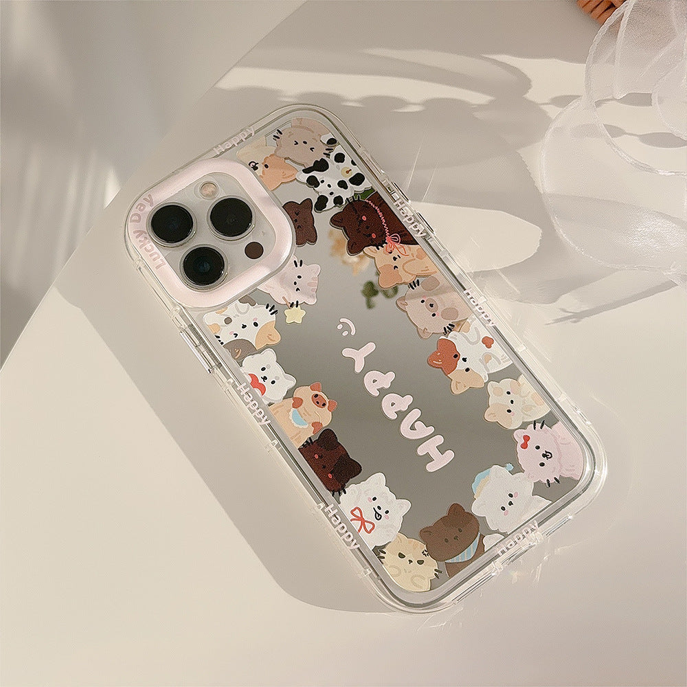 Espejo lindo gato adecuado para 16Pro Max Funda de iPhone 15 Apple 17 Coreano 12 cordón 11