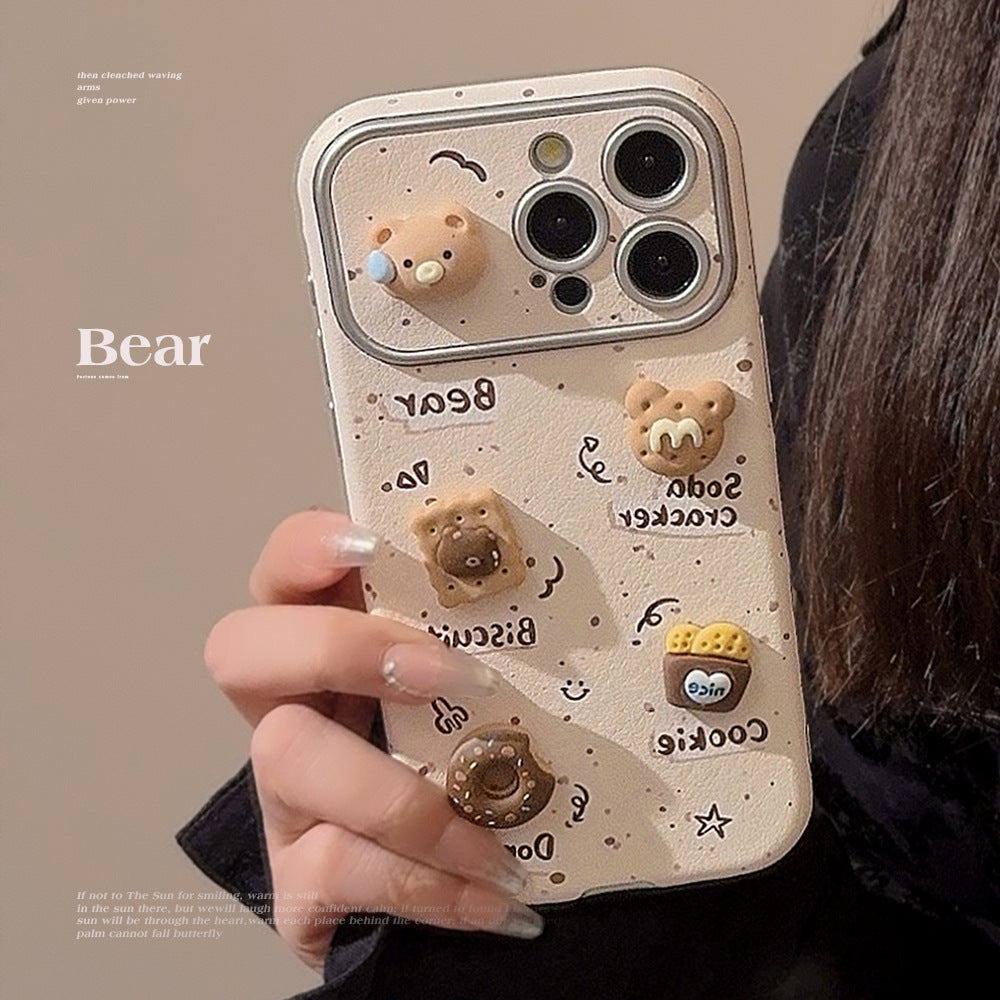 Bonito oso tridimensional se aplica a la funda de teléfono móvil 16 Apple 17ProMax iphone15 cuero 12 galletas 14