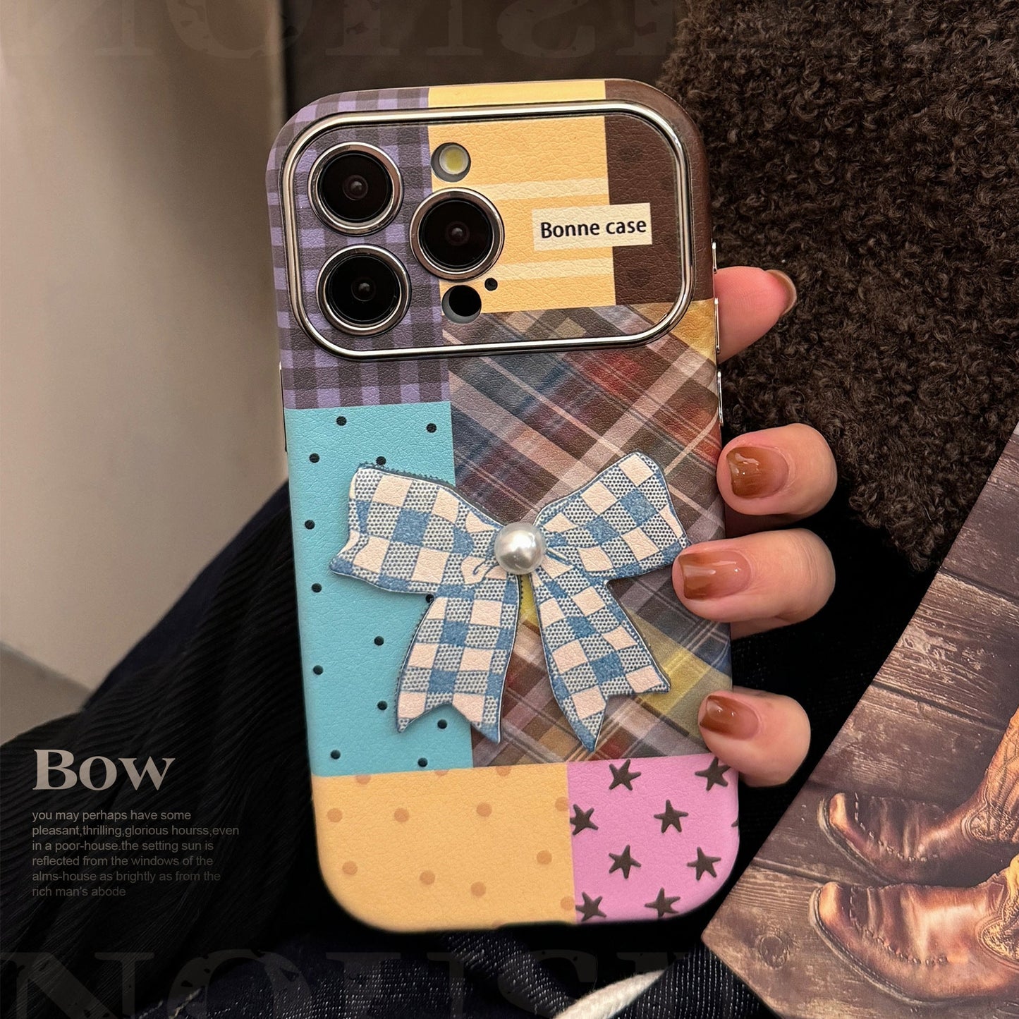 Aplicable a la funda de iPhone 16 iPhone 17promax empalme a cuadros de color 15 lazo tridimensional 13 cuero