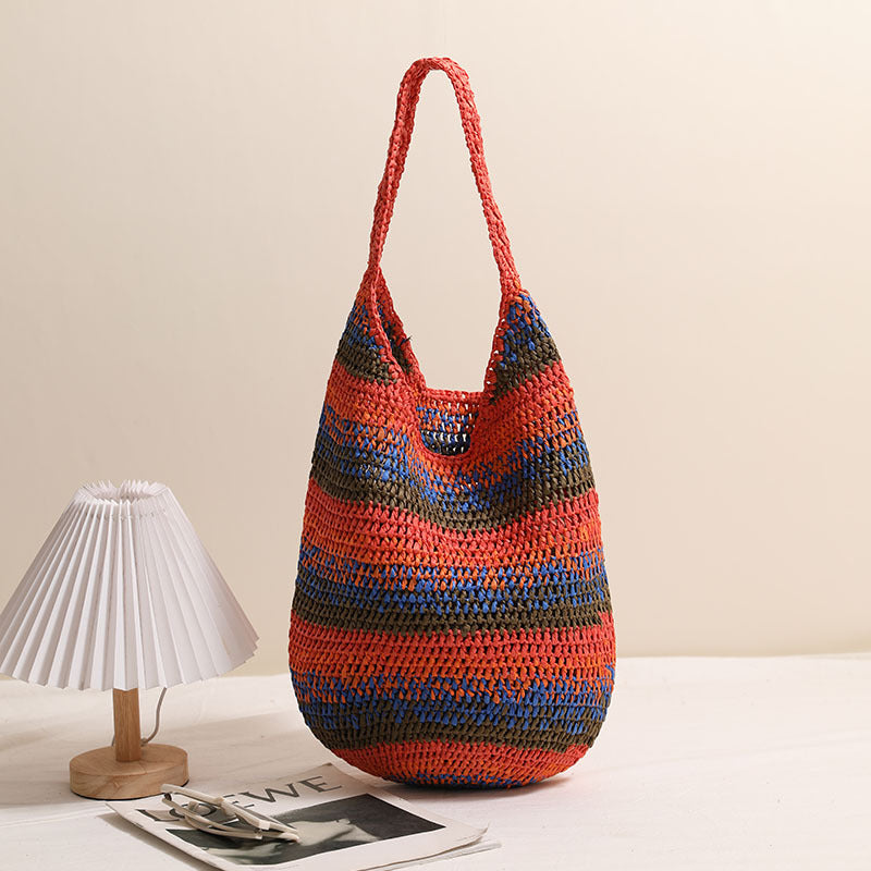 Color Shoulder Straw Bag Casual Large Capacity Woven Bag Seaside Vacation Beach Bag All Matching Straw Bag