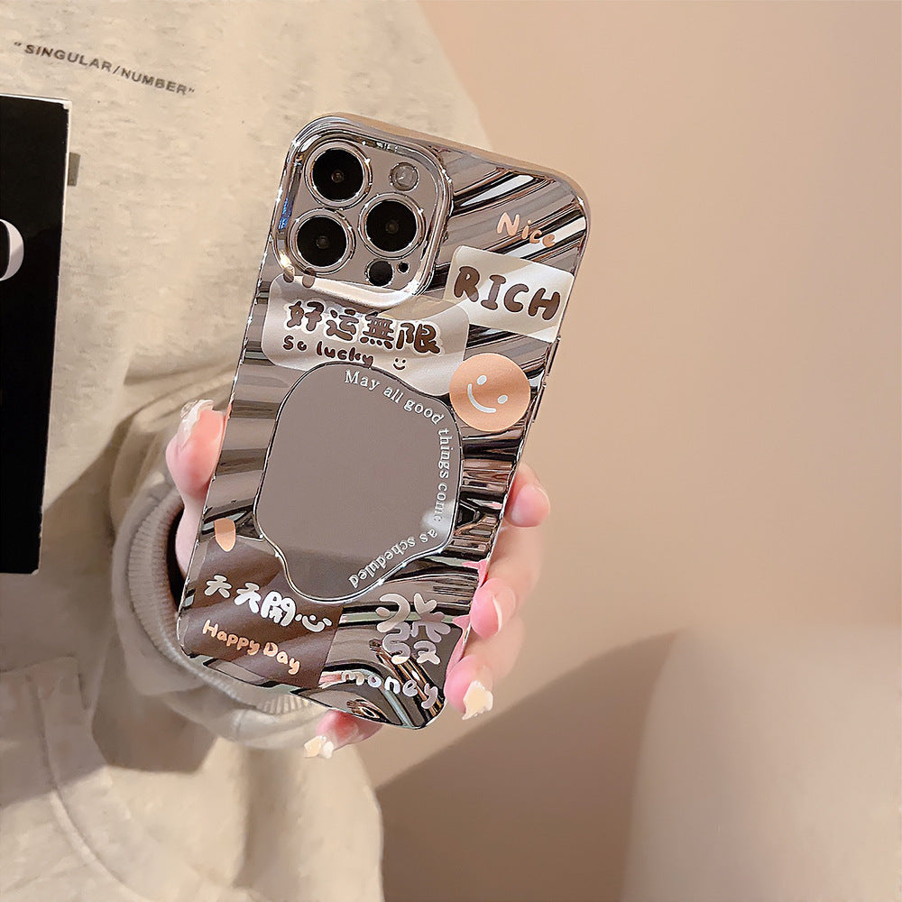 Funda para iPhone 17 Pro Max compatible con iPhone 14, 13, 16, electrochapada, espejo, dura, texto "Hazte rico y buena suerte".