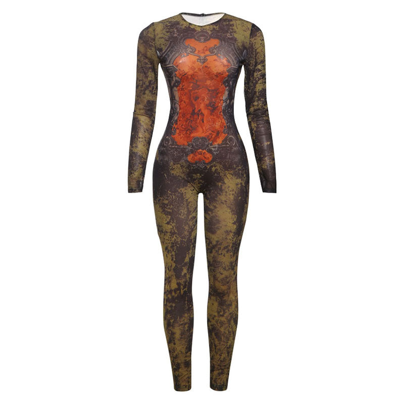 Summer Women Clothing Printed Sexy Mesh High Waist Slim Fit Zipper Long Sleeve Jumpsuit