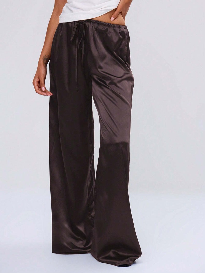 Women Clothing Trendy Autumn Satin Satin Casual Pants Loose Wide Leg Drawstring Long Pants