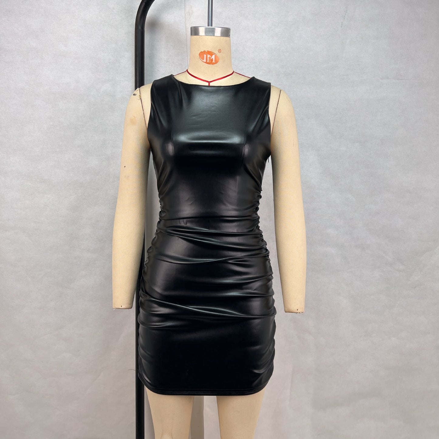Slim Fit Sheath Dress Women Clothing Solid Color Sleeveless Pleated Waist Tight Slimming Leather Nightclub