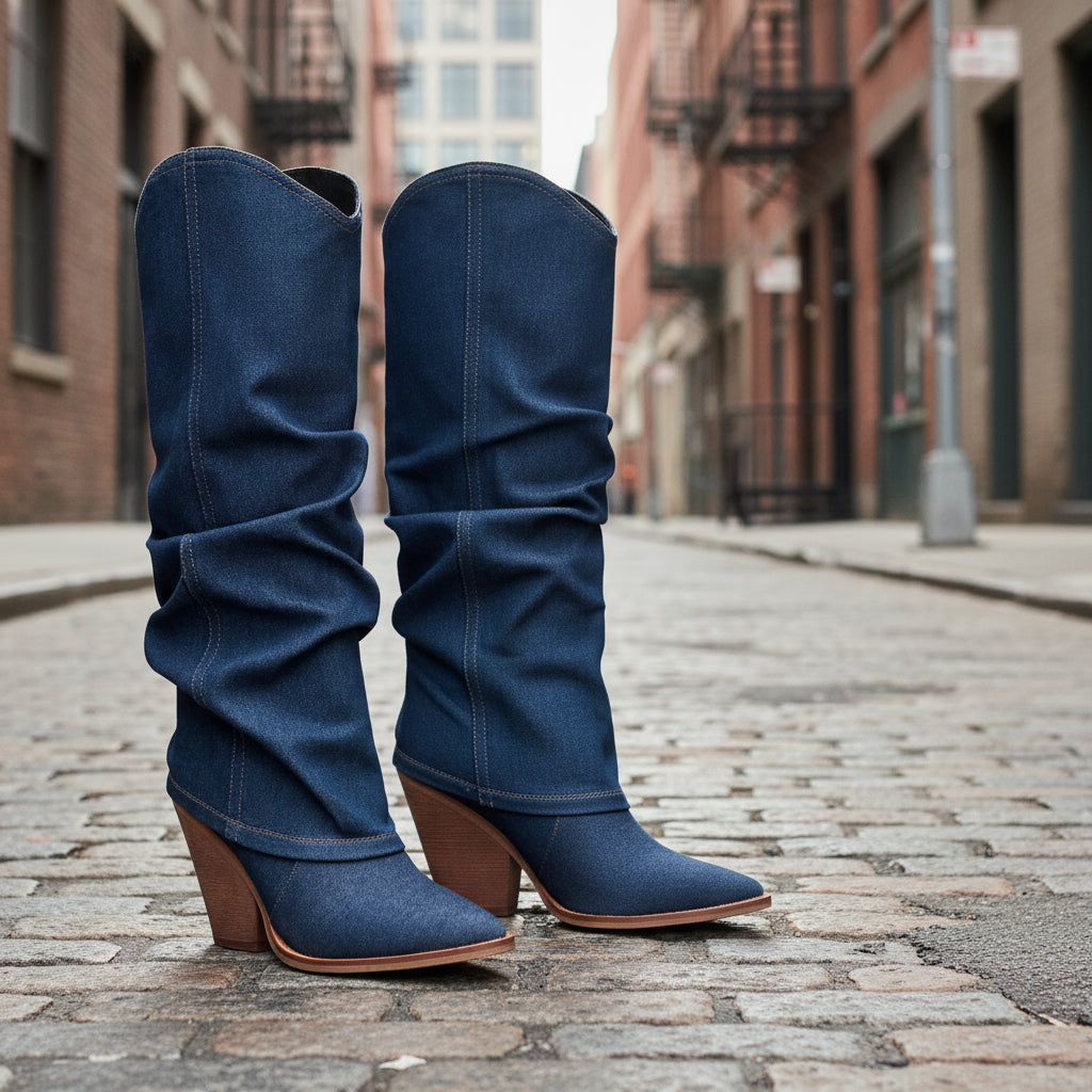 Botas altas de tubo con tacón grueso y punta fina estilo vintage — Tacones llamativos