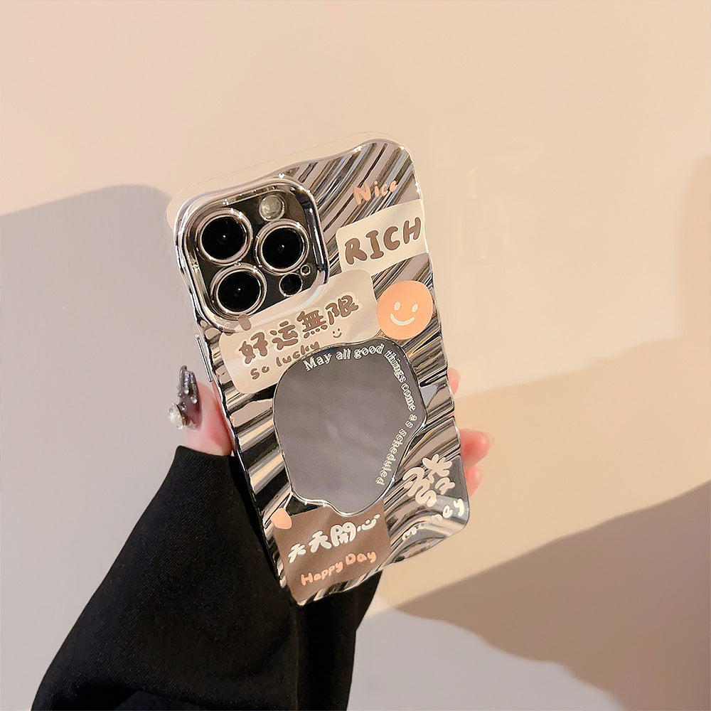 Funda para iPhone 17 Pro Max compatible con iPhone 14, 13, 16, electrochapada, espejo, dura, texto "Hazte rico y buena suerte".