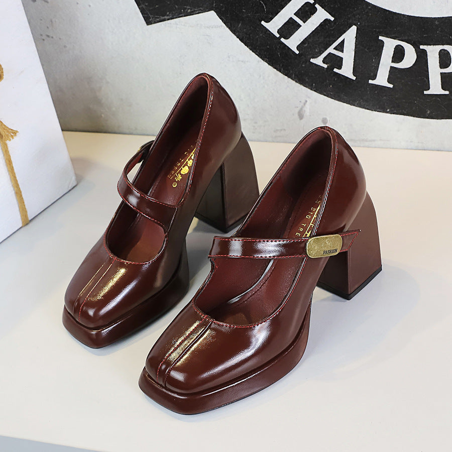 Zapatos de tacón alto para mujer, tacón grueso, tacón alto, plataforma impermeable, hebilla de metal, correa al tobillo