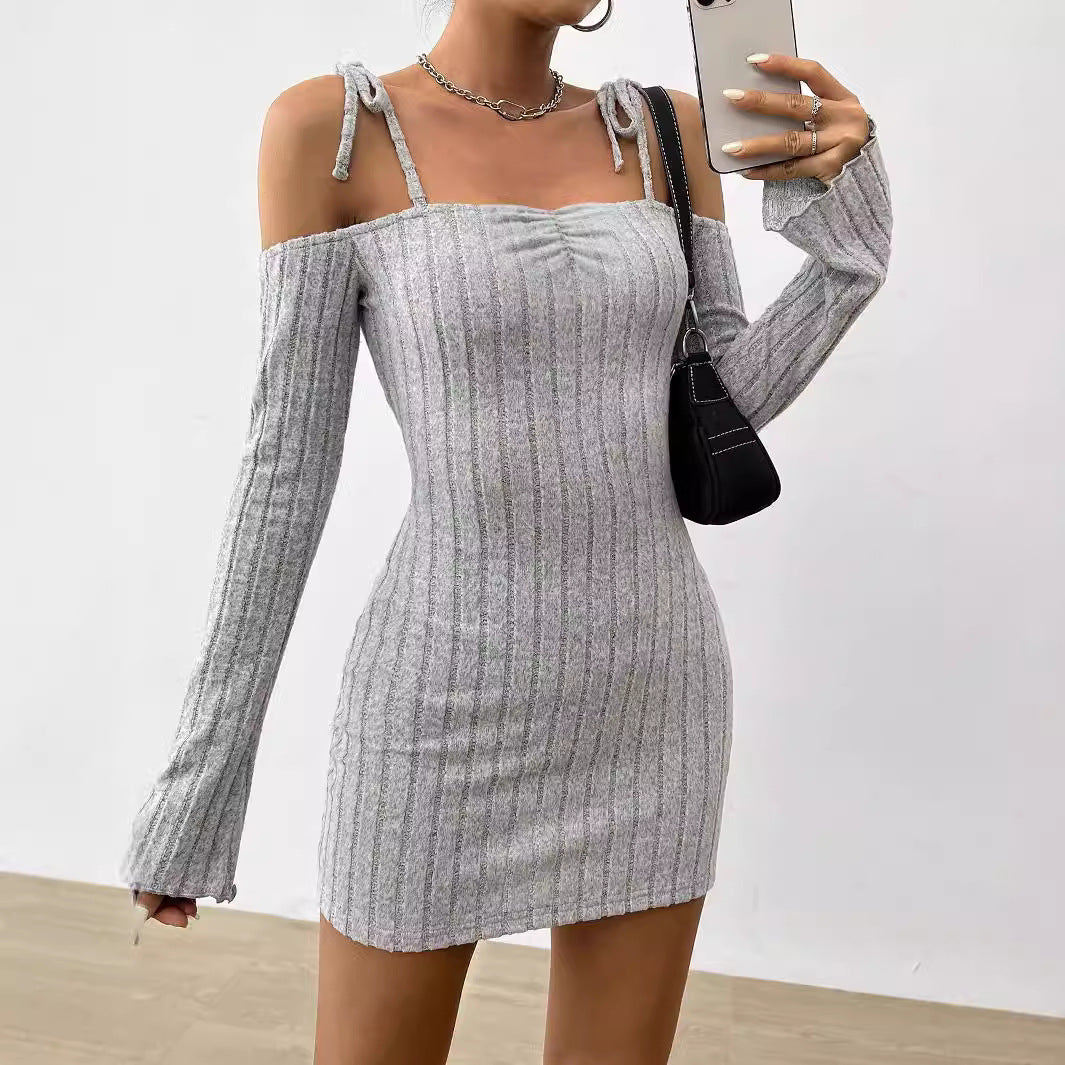 Women Clothing Adult Lady like Woman Lightly Mature Strap Sling Dress Autumn Winter Boat Collar Elegant Slim Fit