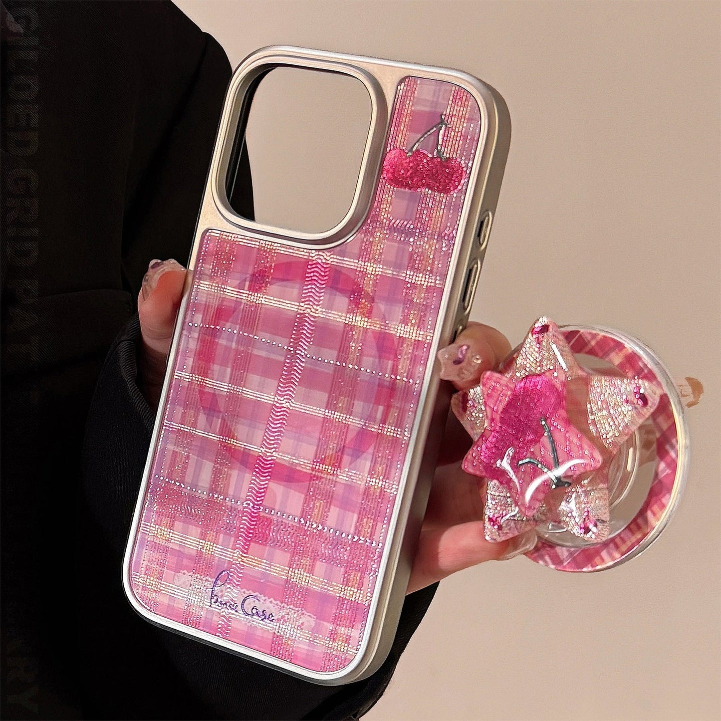 Funda dorada para teléfono Apple 16promax a cuadros rojos cereza iphone15 galvanizado 14 para dulce y cool 17 Huawei